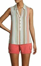 Time And Tru Women&#39;s Double Cloth Henley Sleeveless Top SMALL (4-6) Coral Stripe - £12.68 GBP