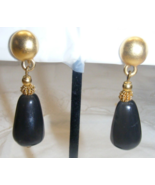 Vintage 2&quot; Dangle Drop French Clip Gold Tone Earrings Black Stone 15-K - $34.64