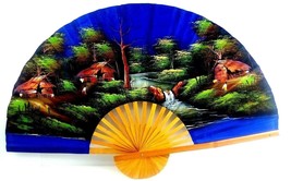 Hand Painted Wood Folding Hand Fan Home Decoration River Village Approx 40&quot;X24&quot; - £14.74 GBP