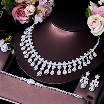 4 pcs Luxury Shiny Tassel Water Drop Big Cubic Zircon Party Necklace Jewelry Set - £75.47 GBP