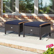 Set of 2 Outdoor PE Wicker Ottomans Patio Rattan Footrest with Navy Cush... - £139.27 GBP