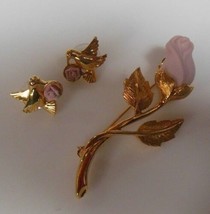 Vintage Signed Avon Gold-tone Dove Earrings w/ Pink Rose &amp; Avon Pink Rose Brooch - £22.88 GBP