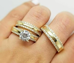 2 KT Rotondo Finto Diamante Fidanzamento Ring Set 14k Placcato Oro Giallo - £86.03 GBP