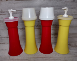 4 Vintage Tupperware Dispensers Ketchup &amp; Mustard w/ 2 Lids Picnic *READ* - £9.85 GBP