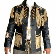 Giacca da cowboy occidentale in pelle di mucca nera da uomo, con frange - $140.99