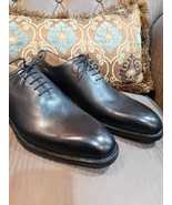 Men's Handmade Whole Cut Shoes Black Genuine Leather Oxford Plain Round Toe Boot - $159.99