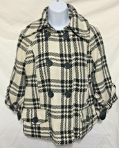 JouJou Women Small Black White Plaid Double Breasted Belted Pea Coat 3/4 Sleeve - £11.64 GBP