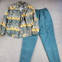 VINTAGE Otello Pelle Silk Track Suit M Green Yellow Print Shoulder Pads 80s - £57.63 GBP