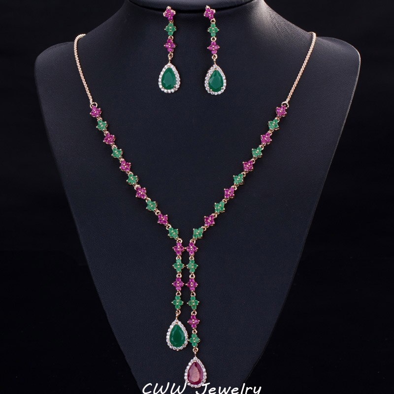 Primary image for Beautiful Green and Red CZ Zirconia Stone Jewelry 4 Leaf Long Drop Party Necklac