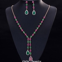 Beautiful Green and Red CZ Zirconia Stone Jewelry 4 Leaf Long Drop Party Necklac - £39.91 GBP
