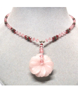 STERLING SILVER Rose Quartz Carved Stone Flower Pendant Y Dangle Necklace - £31.01 GBP