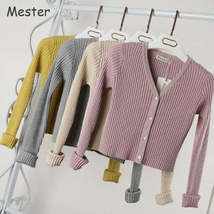 Slim V Neck Knitted Cardigan Long Sleeve Cropped Cardigan Sweaters - £31.93 GBP