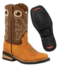 Kids Unisex Real Leather Cowboy Boots Honey Brown Square Toe Botas Rancho - $54.99