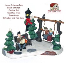 Lemax Christmas Village Park Bench, Christmas Trees, Lampost &amp; Swing w/ Figures - £11.76 GBP