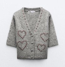 Zara Bnwt 2024. Grey Jewel Hearts Knit Cardigan Jacket Beaded. 4331/003 - £58.99 GBP
