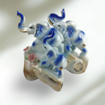 Asian Elephant Family Porcelain Statue MCM Trunks Up Marching Blue White Gold - £30.07 GBP