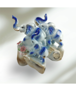 Asian Elephant Family Porcelain Statue MCM Trunks Up Marching Blue White... - £29.63 GBP