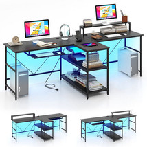 2-Person Reversible Computer Desk Long Office Desk with LED Lights-Black - Color - $261.49