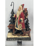Vintage Santa Stocking Holder In Forest Scene Carved Look Dog Snowshoes ... - £17.08 GBP