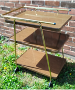 1960s COSCO 3 Tier Brown Metal &amp; Brass Rolling Wheeled Bar Serving Cart ... - $203.73 CAD