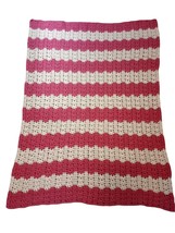 Vintage Afghan Pink Cream Stripes Hand Knit Crochet Lap Throw Blanket 57... - $21.46