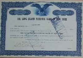 Long island National Bank of NY Stock Certificate -1926 - Rare Scripophi... - $119.95