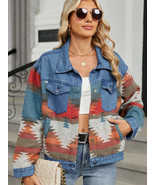 Geometric Button Up Long Sleeve Denim Jacket - £37.27 GBP