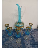 MCM Vintage Murano Venetian Blue 24k Gold Trim Decanter &amp; Glasses Set No... - $2,777.49 MXN