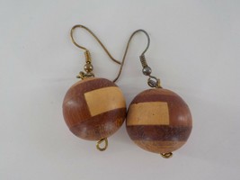 Brown Segmented Wood Earrings Solid Sphere Womens Fashion Tribal Jewelry Fishook - £15.01 GBP