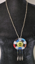Handmade Beaded Necklace Round Pendant Red Blue Black 28&quot; - £10.44 GBP