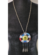 Handmade Beaded Necklace Round Pendant Red Blue Black 28&quot; - £10.17 GBP