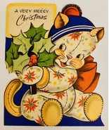 Vintage Die Cut Calico Kitten Cat Christmas Card Holly Made in USA - $18.19 CAD