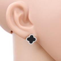 Silver Tone Post Earrings With Trendy Clover &amp; Black Faux Onyx Inlay - $23.99