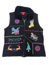 Merry &amp; Bright Black Embroidered Beaded Christmas Full Zip Sweater Vest Large - £14.14 GBP