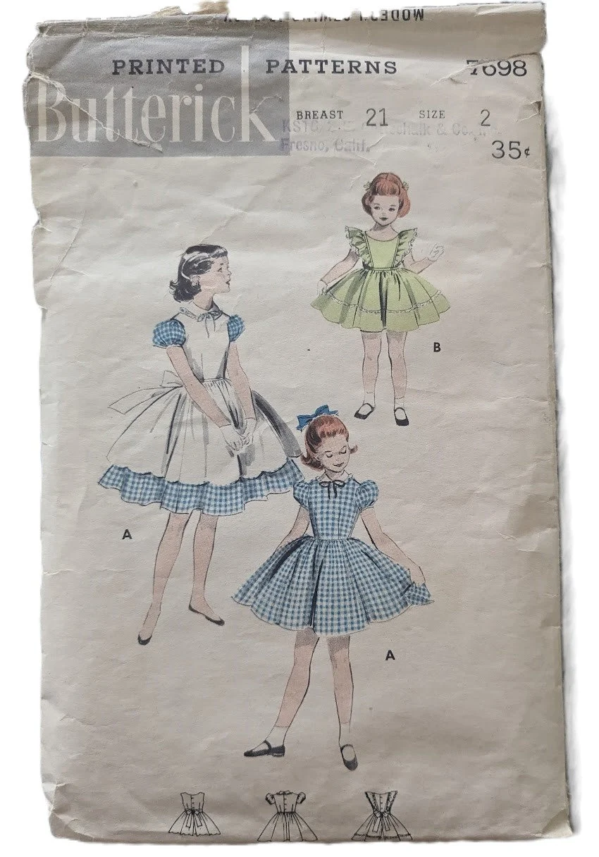 2 Vintage 1950s Childrens Sewing Pattern Butterick 7698 Pinafore Dress - $19.99