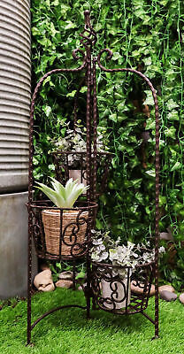 Vintage Rust Finish French Cottage Scroll Metal 3 Tiered Folding Plant Stand - £53.54 GBP