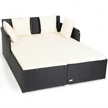 Spacious Outdoor Rattan Daybed with Upholstered Cushions and Pillows-White - Co - £206.96 GBP