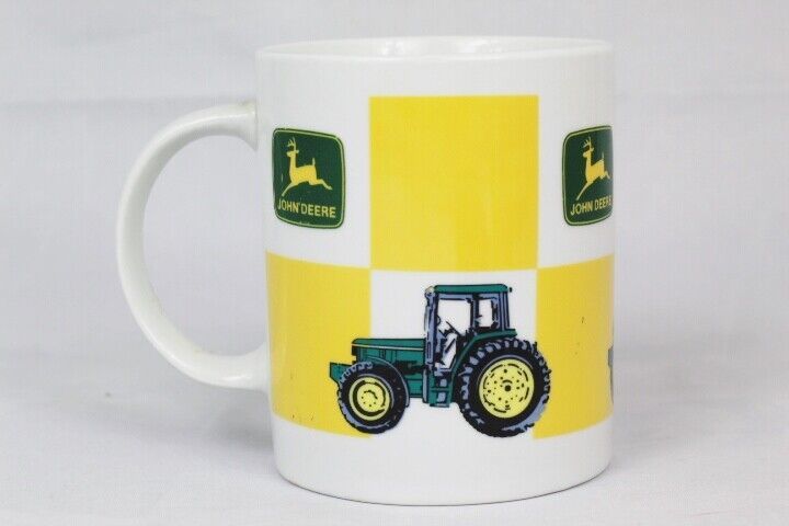 John Deere Tractor Advertising Yellow Checkered Ceramic Coffee Mug Cup 8 Oz - £11.66 GBP