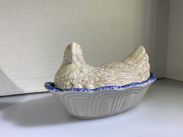 Chicken In The Basket Blue Crock Pottery China Hen - $11.30
