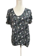 Ann Taylor LOFT Tunic Size M Blue Green Floral Short Sleeve Open V Back - £14.74 GBP