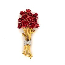 Vintage Signed Sterling Vermeil Red Enamel Rose Dozen Flower Bouquet Brooch Pin - $44.55