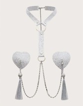 Silver Heart Burlesque Pasties with adjustable collar Choker - Gold Chain - £19.75 GBP