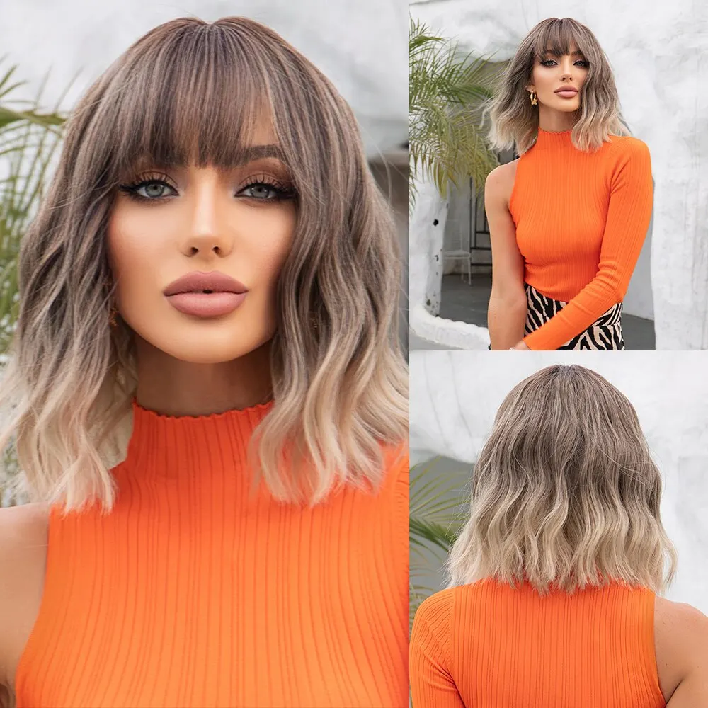 Women Grey Wavy Bob Wigs with Bangs Short Blonde Ombre Synthetic Wig With with - £13.58 GBP+