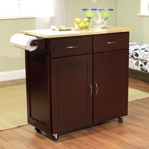 43-inch W Portable Kitchen Island Cart with Natural Wood Top in Espresso - $439.76