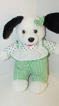 black white green white dots striped fabric outfit puppy dog plush Needs repair - £8.20 GBP