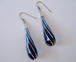 Deep Blue Tear Drop Sterling Silver Resin Pierced Earrings Handmade Hook... - $130.00