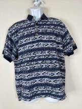 Columbia Men Size L Blue Fish Striped Knit Polo Shirt Short Sleeve - £6.57 GBP