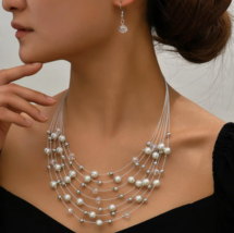 Women Pearl Crystal Beaded Drop Dangle Earrings Necklace Wedding Jewelry Set - £15.98 GBP