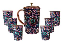 Rastogi Handicrafts Pure Copper one Jug with Six Glass Drink ware Set Hand Paint - £94.57 GBP