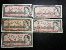 Lot of 5 Series of 1954 $2 Bank of Canada Bank Notes. 20210071 - $44.99